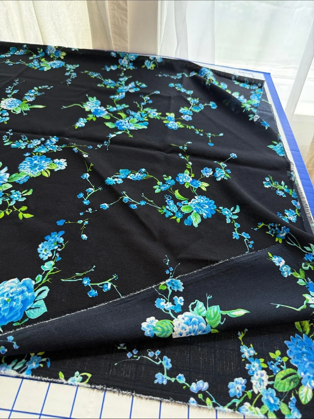 Suggested Title  Vintage 1980s Blue/Black Floral Polyester Dress Fabric 1.5 Yds